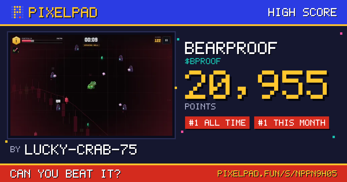 LUCKY-CRAB-75's score card: 20,955 points in BEARPROOF